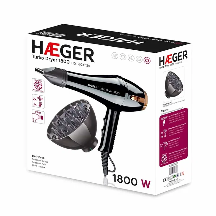 Haeger TURBO DRYER Secador de Pelo Profesional 1800W, Negro y Oro, 220-240V, 2 Velocidades y 3 Ajustes de Calor, Con Boquilla Concentradora y Difusor