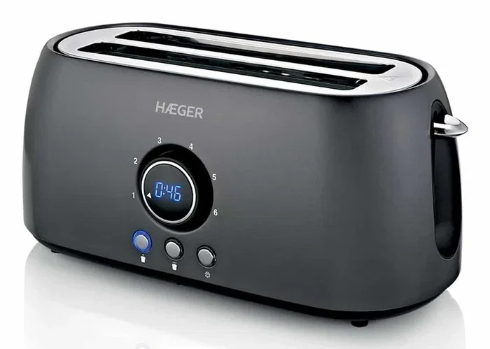 Haeger TO-14D.013A Tostadora Future Plus 1400W 2 Ranuras Negro - Acero Inoxidable, 6 Niveles Tostado, Función Recalentar y Descongelar, Bandeja Extraíble