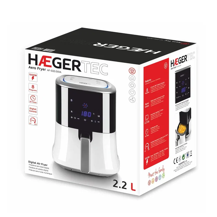 Haeger AF-D22.001A Freidora de Aire Caliente Digital, 8 Programas, 2.2L, 1000W, Blanco
