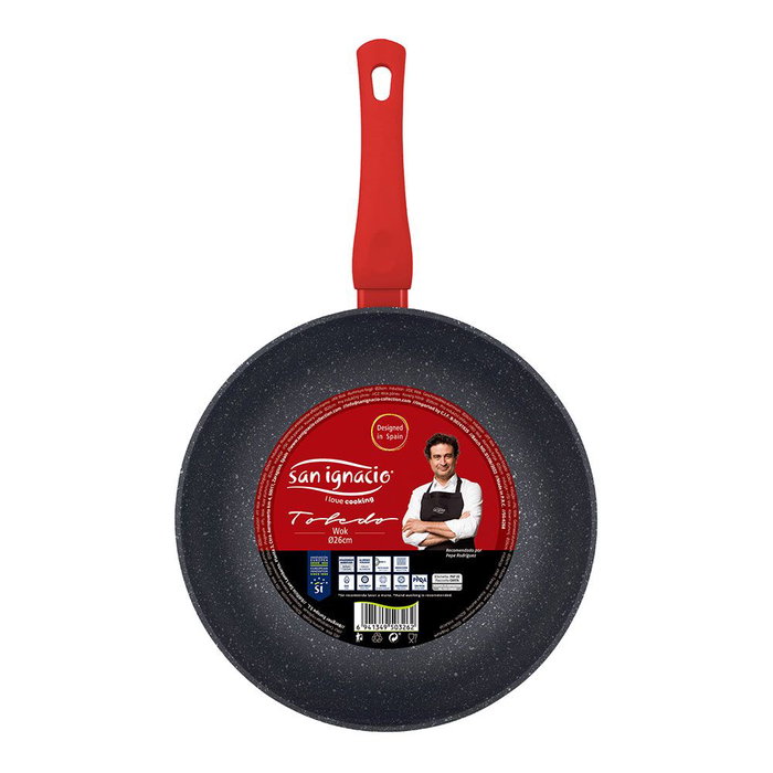 San Ignacio Wok Toledo Aluminio Forjado Inducción Ø26 cm Negro con Marmolado y Mango Rojo San Ignacio Wok Toledo Aluminio Forjado Inducción Ø26 cm Negro con Marmolado y Mango Rojo