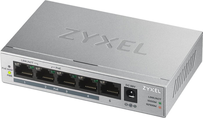 Zyxel Switch GS1005HP No Administrado 5 Puertos Gigabit Ethernet PoE+ 30W por Puerto, 60W Presupuesto Total, Color Plata