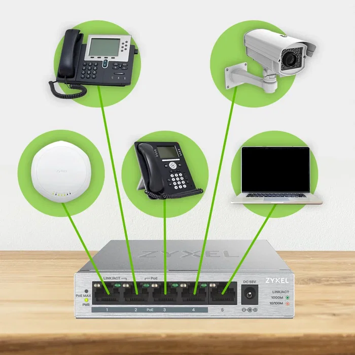 Zyxel Switch GS1005HP No Administrado 5 Puertos Gigabit Ethernet PoE+ 30W por Puerto, 60W Presupuesto Total, Color Plata