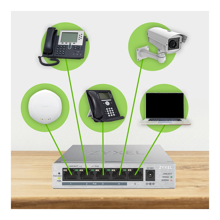 Zyxel GS1005-HP 5-Port Desktop PoE+ Switch Plata Zyxel GS1005-HP 5-Port Desktop PoE+ Switch Plata
