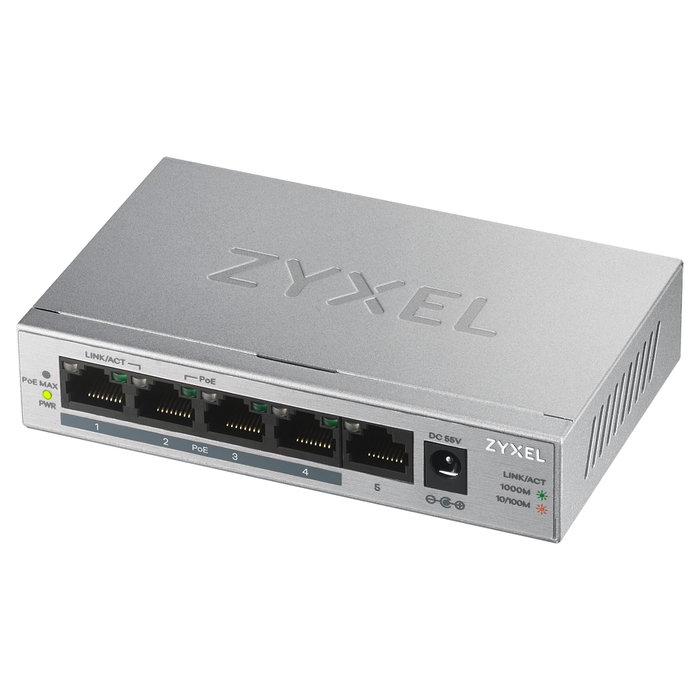 Zyxel GS1005-HP 5-Port Desktop PoE+ Switch Plata Zyxel GS1005-HP 5-Port Desktop PoE+ Switch Plata