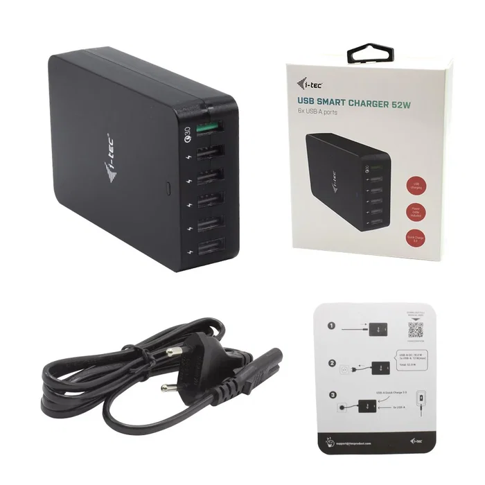 i-tec CHARGER6P52W Cargador USB 6 Puertos 52W con Quick Charge 3.0, 5 Puertos USB-A + 1 QC3.0, Carga Rápida, Negro, Compatible Mundial 100-240V, Para Teléfonos, Tablets y Más