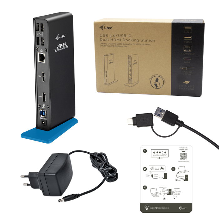 I-tec USB 3.0/USB-C Dual HDMI Docking Station ADA - 2x HDMI, Gigabit LAN, 6x USB, Audio, Mic, con Cable I-tec USB 3.0/USB-C Dual HDMI Docking Station ADA - 2x HDMI, Gigabit LAN, 6x USB, Audio, Mic, con Cable