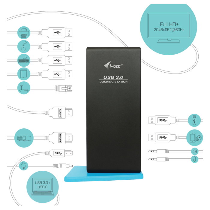 I-tec USB 3.0/USB-C Dual HDMI Docking Station ADA - 2x HDMI, Gigabit LAN, 6x USB, Audio, Mic, con Cable