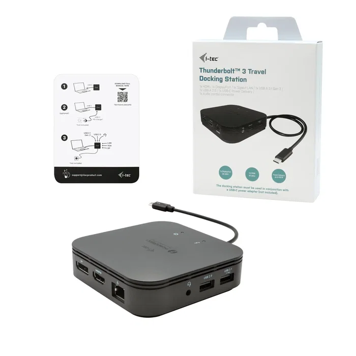 I-tec TB3TRAVELDOCKPD Estación de Acoplamiento Thunderbolt 3 Travel Dock con Dual 4K Display, HDMI, DP, Gigabit LAN, USB 3.1, PD 60W, Audio - Negro
