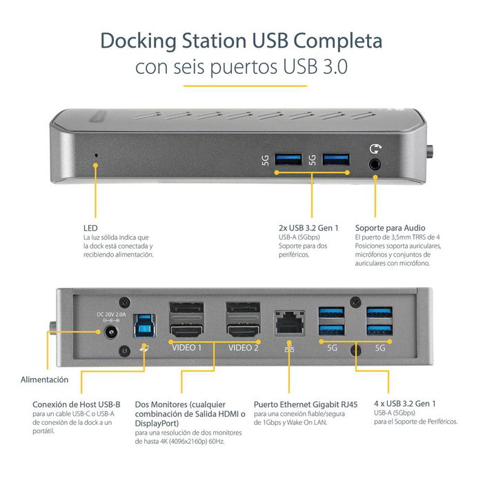 Startechcom Docking Station 13 en 1 con USB-C, HDMI, DisplayPort, 6x USB 3.0, RJ45 y Audio para Portátil y PC
