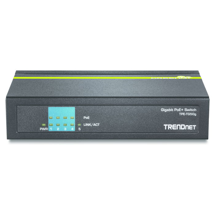 TRENDnet TPE-TG50g Switch de 5 Puertos Gigabit No Administrado con PoE+ (PoE Plus), Negro, 4 Puertos PoE, Presupuesto 31W