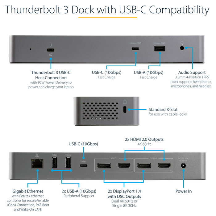 StarTech.com Docking Station Thunderbolt 3 y USB-C Dual 4K 60Hz StarTech.com Docking Station Thunderbolt 3 y USB-C Dual 4K 60Hz