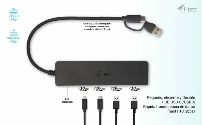 i-tec C31HUBMETAL2A2C Hub USB-C de 4 Puertos (2x USB-A 3.2, 2x USB-C 3.2) 10 Gbps, Metal, Negro, Plug & Play, Compatible con Windows, Mac, Android
