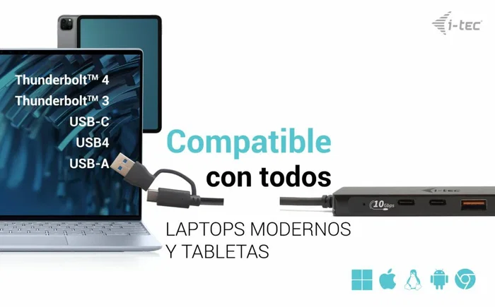 i-tec C31HUBMETAL2A2C Hub USB-C de 4 Puertos (2x USB-A 3.2, 2x USB-C 3.2) 10 Gbps, Metal, Negro, Plug & Play, Compatible con Windows, Mac, Android