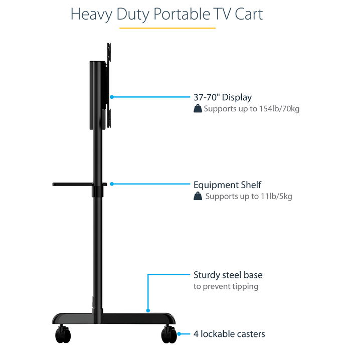 StarTech Carrito Móvil para TV de 37 a 70 Pulgadas con Ruedas y Altura Ajustable
