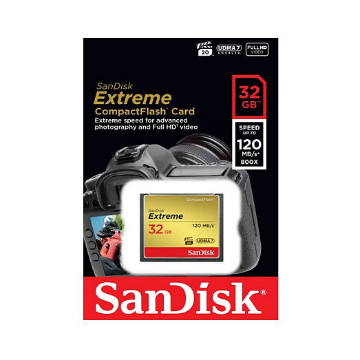 Sandisk CompactFlash Tarjeta de Memoria Extreme 32 GB (32GB) Velocidad Lectura 120 MB/s Escritura 85 MB/s - Negro, Oro, Rojo