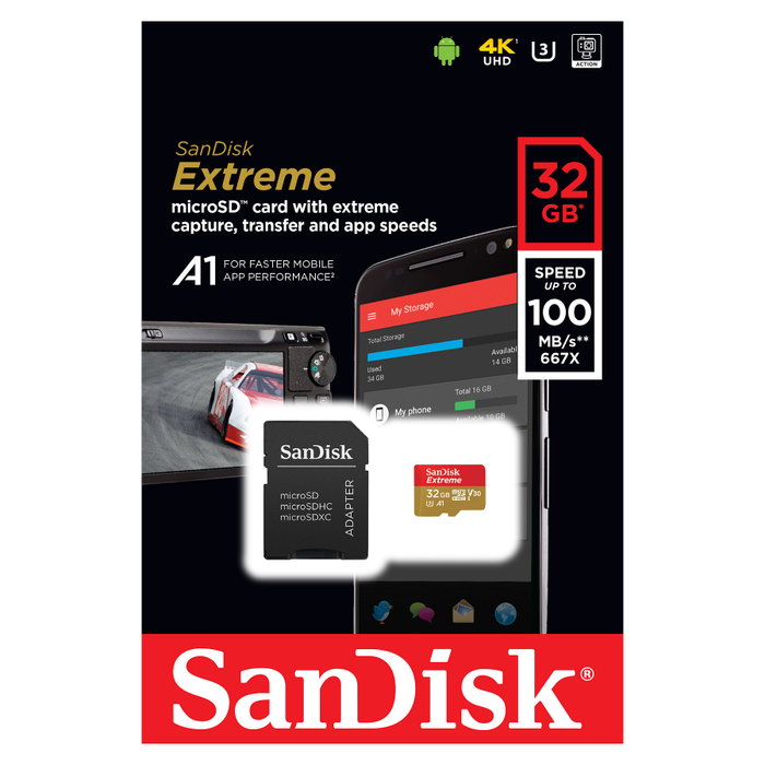 Sandisk Extreme 32 GB MicroSDHC Clase 10 UHS-I, 100 MB/s Lectura, 60 MB/s Escritura, Adaptador SD Incluido Sandisk Extreme 32 GB MicroSDHC Clase 10 UHS-I, 100 MB/s Lectura, 60 MB/s Escritura, Adaptador SD Incluido
