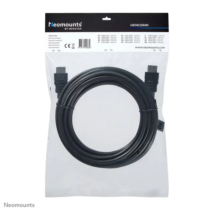 Neomounts Cable HDMI HDMI15MM, 5 metros, Tipo A Macho Estándar, HDMI 1.3, 10.2 Gbps, Compatible con 1080p y 1440p, Negro