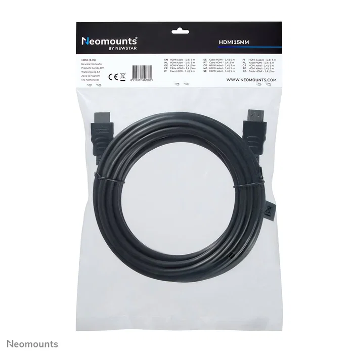 Neomounts Cable HDMI HDMI15MM, 5 metros, Tipo A Macho Estándar, HDMI 1.3, 10.2 Gbps, Compatible con 1080p y 1440p, Negro
