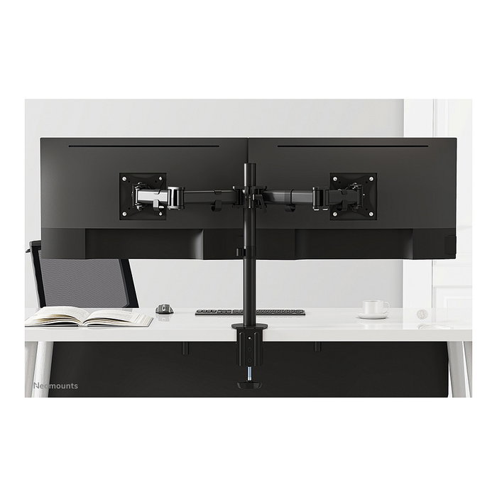 Neomounts NM-D135DBLACK Brazo de Monitor Doble para 2 Pantallas LCD de 10"-27" (68.6 cm), Carga 8 kg, Montaje Pinza/Atornillado, Giratorio 360°, Negro