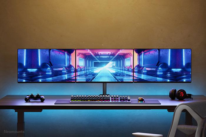 Neomounts Tilt/Turn/Rotate Triple Desk Mount (Clamp) For Three 10-27" Monitor Screens, Height Adjustable - Black