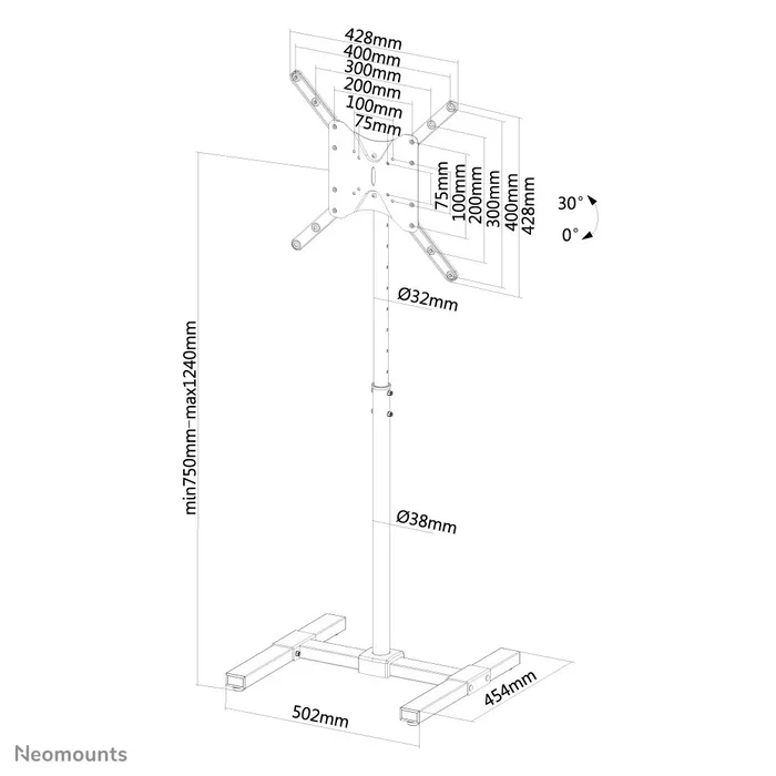 Neomounts NS-FS100BLACK Soporte de suelo para TV hasta 55", altura ajustable 75-124 cm, inclinación 0-30°, color Negro, compatible con VESA hasta 400x400 mm