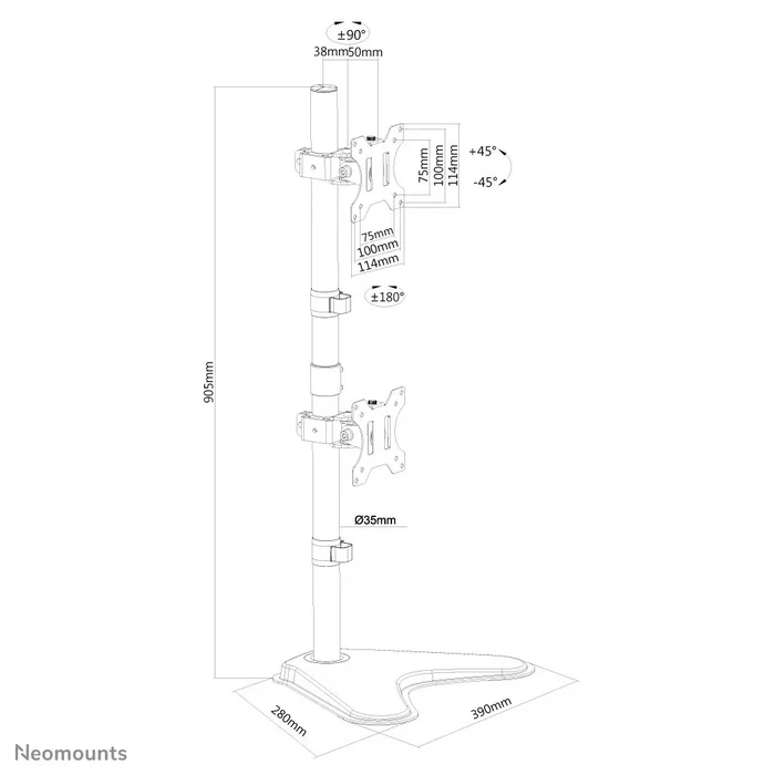 Neomounts FPMA-D550DDVBLACK Soporte para 2 Monitores de hasta 32" (81.3 cm) con VESA 75x75/100x100 mm, Giratorio, Inclinable y Ajuste de Altura, Base de Escritorio Negro
