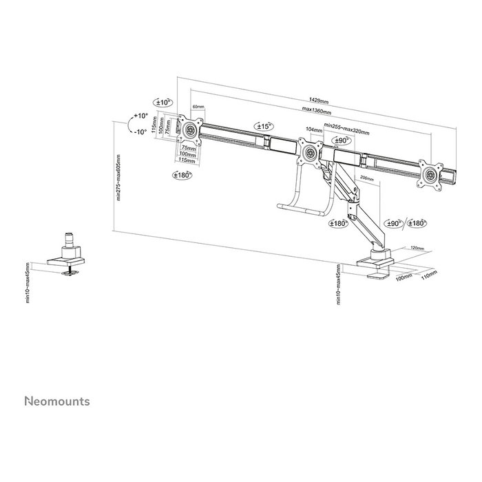 Neomounts NM-D775DX3BLACK Brazo de Monitor para 3 Pantallas 17-27"