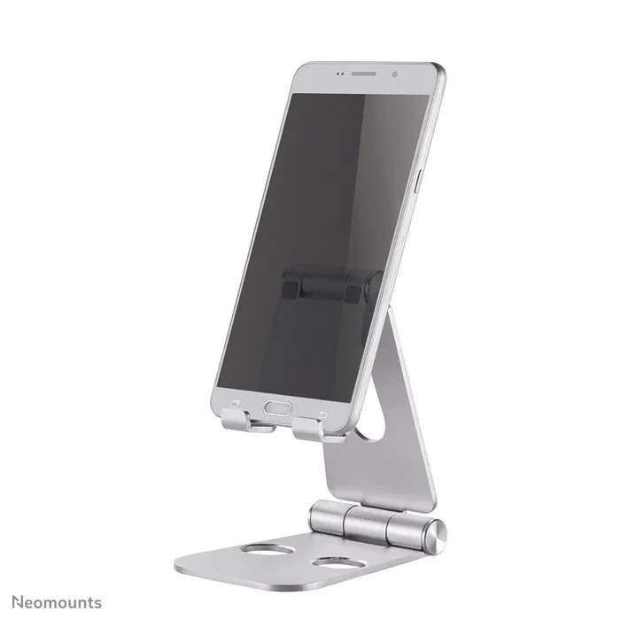 Neomounts DS10-160SL1 Soporte plegable para smartphone de escritorio, hasta 7" con ajuste de inclinación 270°, aluminio plateado, ideal para videollamadas y películas