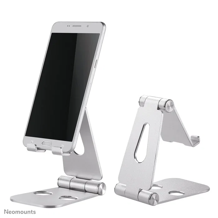 Neomounts DS10-160SL1 Soporte plegable para smartphone de escritorio, hasta 7" con ajuste de inclinación 270°, aluminio plateado, ideal para videollamadas y películas