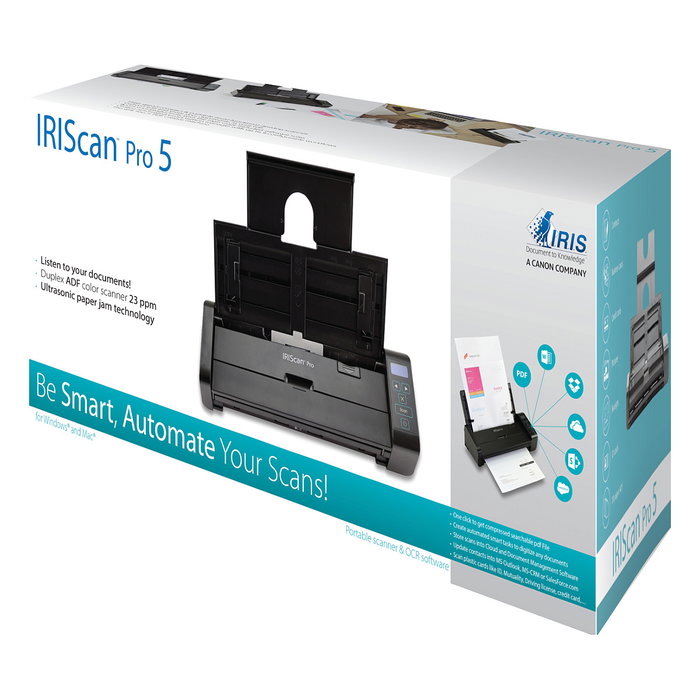 I.R.I.S. IRIScan Pro 5 - Escáner de documentos A4 con alimentador automático ADF, USB 2.0, 600 DPI, color, duplex, hasta 46 ipm, para Windows/Mac