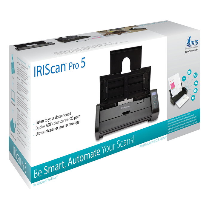 I.R.I.S. IRIScan Pro 5 - Escáner de documentos A4 con alimentador automático ADF, USB 2.0, 600 DPI, color, duplex, hasta 46 ipm, para Windows/Mac