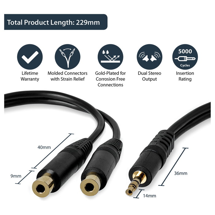 StarTech.com Cable Divisor de Audio Mini Jack 3,5mm Macho a 2x Hembra Negro