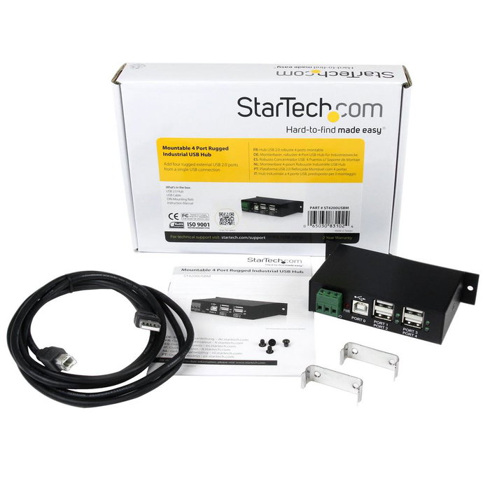 StarTech.com ST4200USBM Hub USB 2.0 de 4 Puertos Concentrador Industrial con Protección ESD y Montaje en Carril DIN