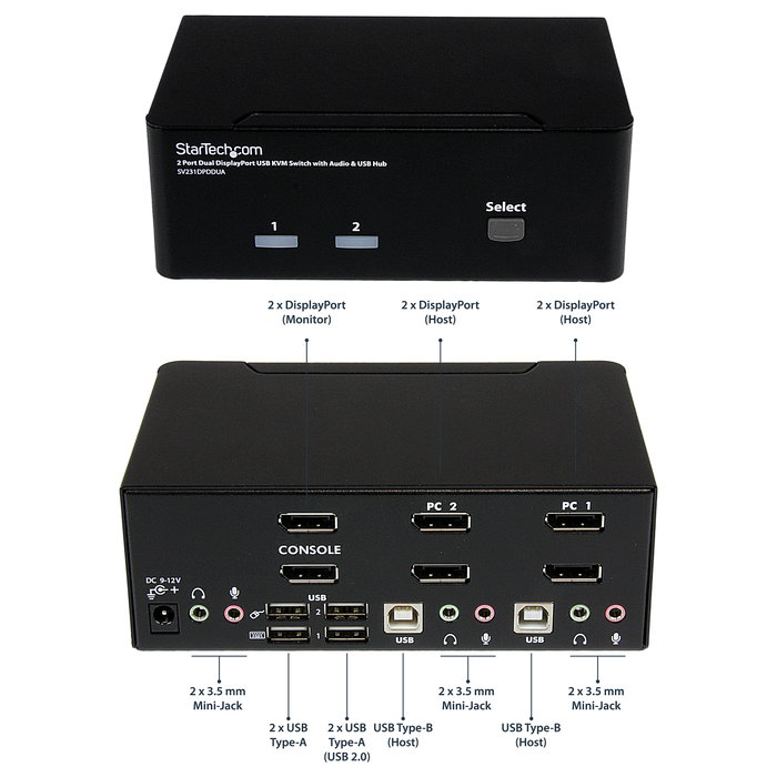 Conmutador KVM con 2 Puertos Startech SV231DPDDUA Negro Conmutador KVM con 2 Puertos Startech SV231DPDDUA Negro