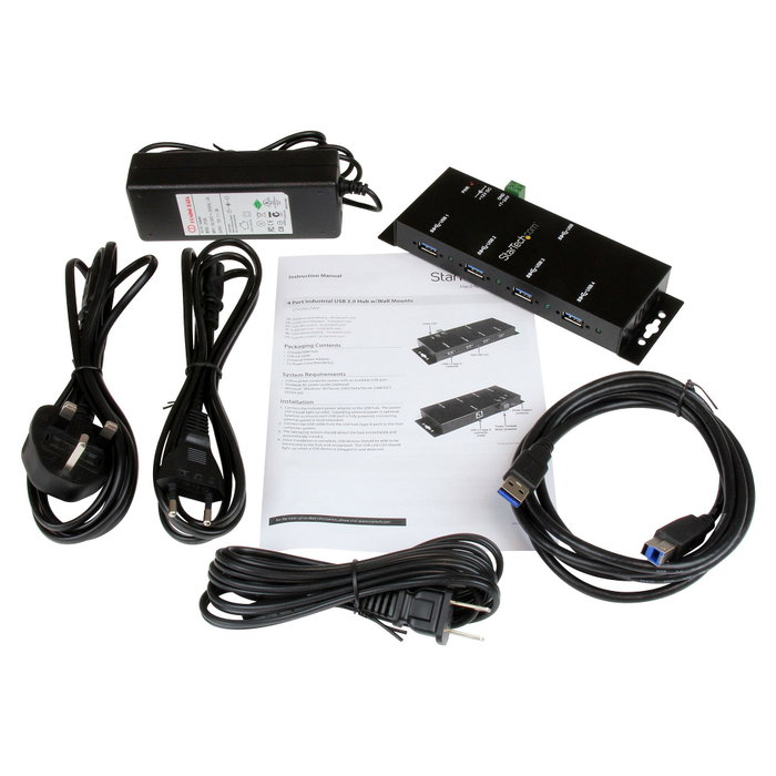 StarTech.com Concentrador USB 3.0 de 4 Puertos - Hub USB 3.2 Gen 1 de Montaje en Carril DIN, Pared o Escritorio - TAA, 5 Gbps, Negro, Acero