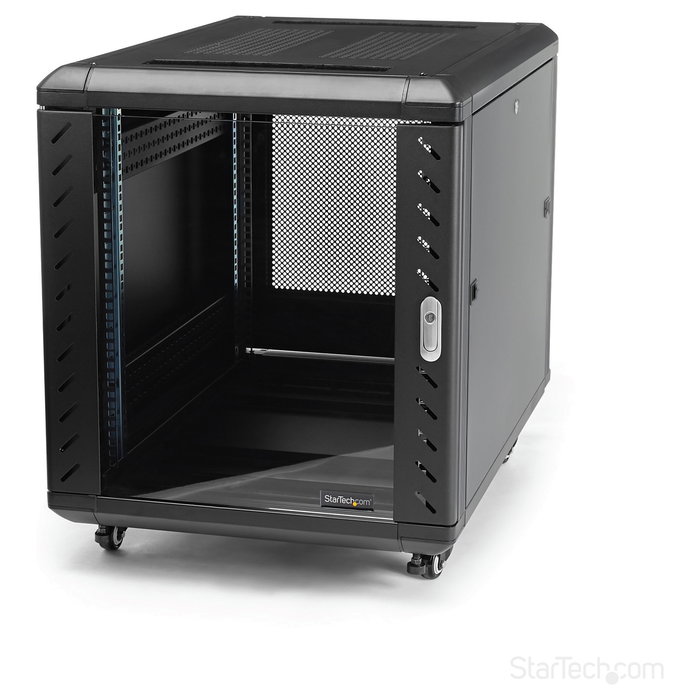 StarTech Armario Rack para Servidores 12U 19" con Ruedas, Cerradura, 4 Postes, 800 kg de Carga, Bastidor Independiente, Negro, 900 mm de Profundidad