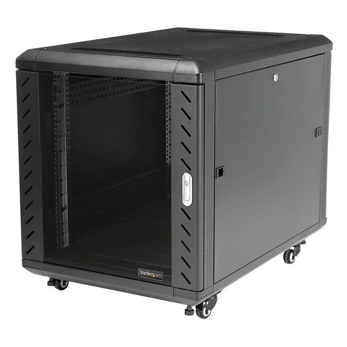 StarTech Armario Rack para Servidores 12U 19" con Ruedas, Cerradura, 4 Postes, 800 kg de Carga, Bastidor Independiente, Negro, 900 mm de Profundidad