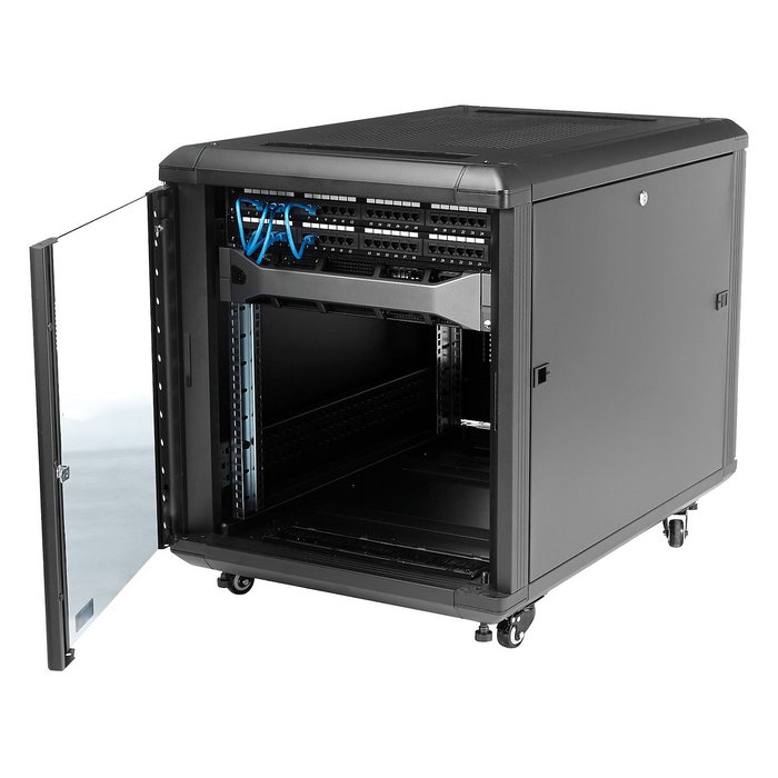StarTech Armario Rack para Servidores 12U 19" con Ruedas, Cerradura, 4 Postes, 800 kg de Carga, Bastidor Independiente, Negro, 900 mm de Profundidad
