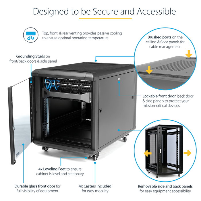 StarTech Armario Rack para Servidores 12U 19" con Ruedas, Cerradura, 4 Postes, 800 kg de Carga, Bastidor Independiente, Negro, 900 mm de Profundidad