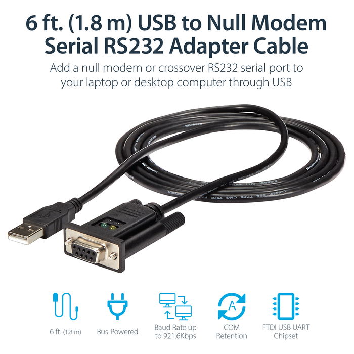 StarTech Adaptador USB a Null Modem RS232 DB9 Serial DCE con Cable FTDI, 1 Puerto
