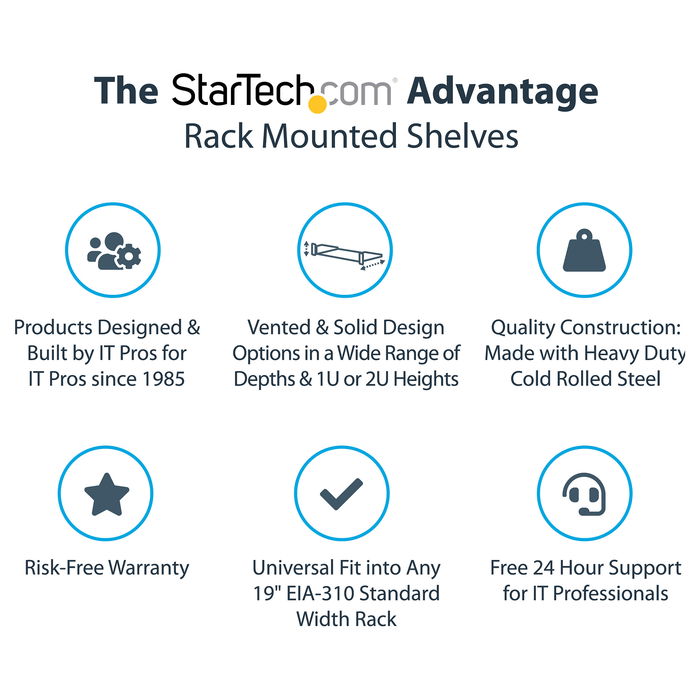 StarTech 2U 16in Universal Vented Rack Mount Cantilever Shelf - Fixed Server Rack Cabinet Shelf - 50lbs / 22kg