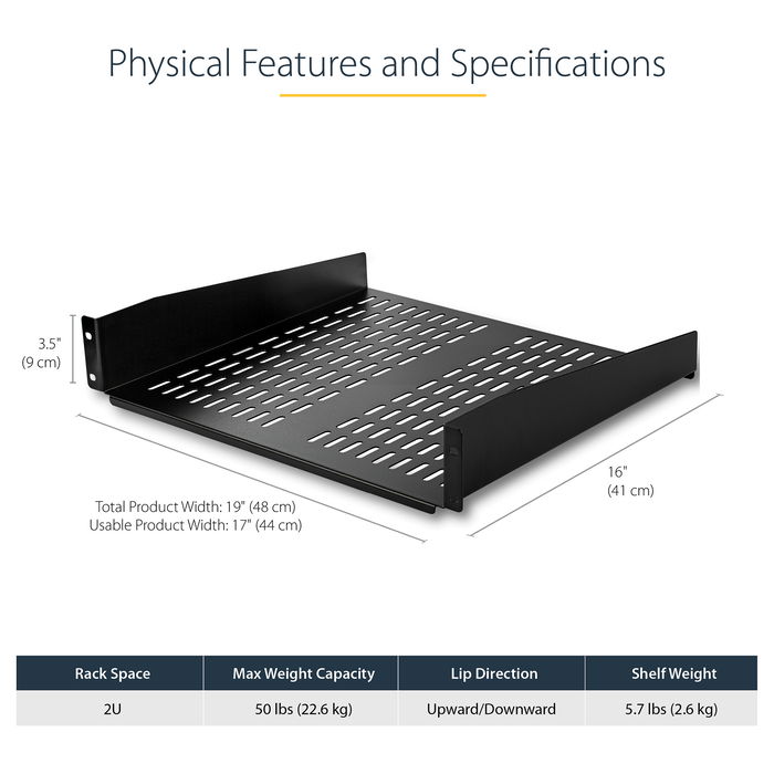 StarTech 2U 16in Universal Vented Rack Mount Cantilever Shelf - Fixed Server Rack Cabinet Shelf - 50lbs / 22kg