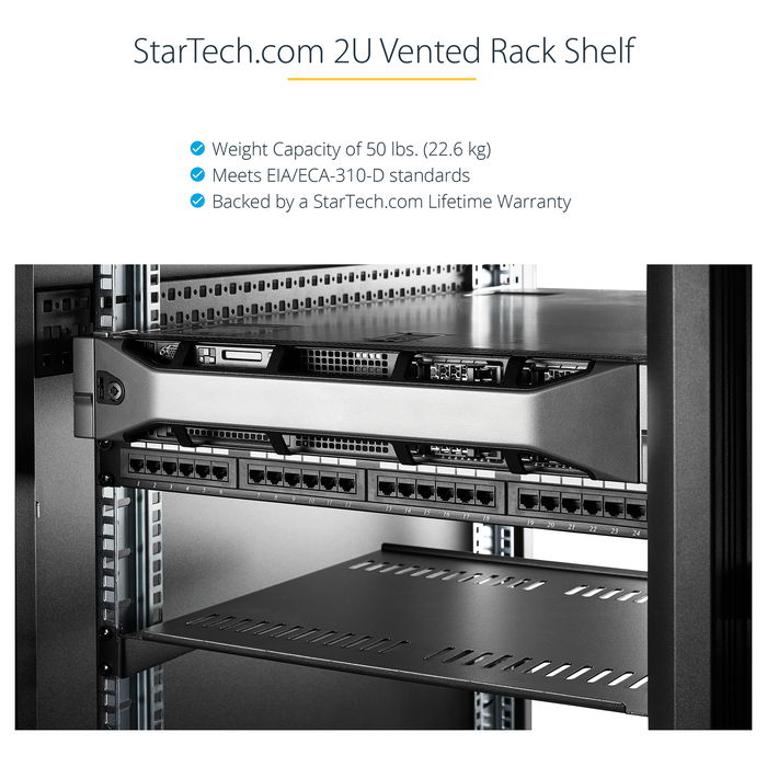 StarTech 2U 16in Universal Vented Rack Mount Cantilever Shelf - Fixed Server Rack Cabinet Shelf - 50lbs / 22kg