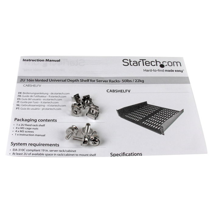 StarTech 2U 16in Universal Vented Rack Mount Cantilever Shelf - Fixed Server Rack Cabinet Shelf - 50lbs / 22kg