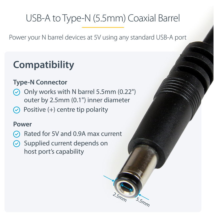 Startech Cable USB-A a Conector de Barril Tipo N de 1m Negro
