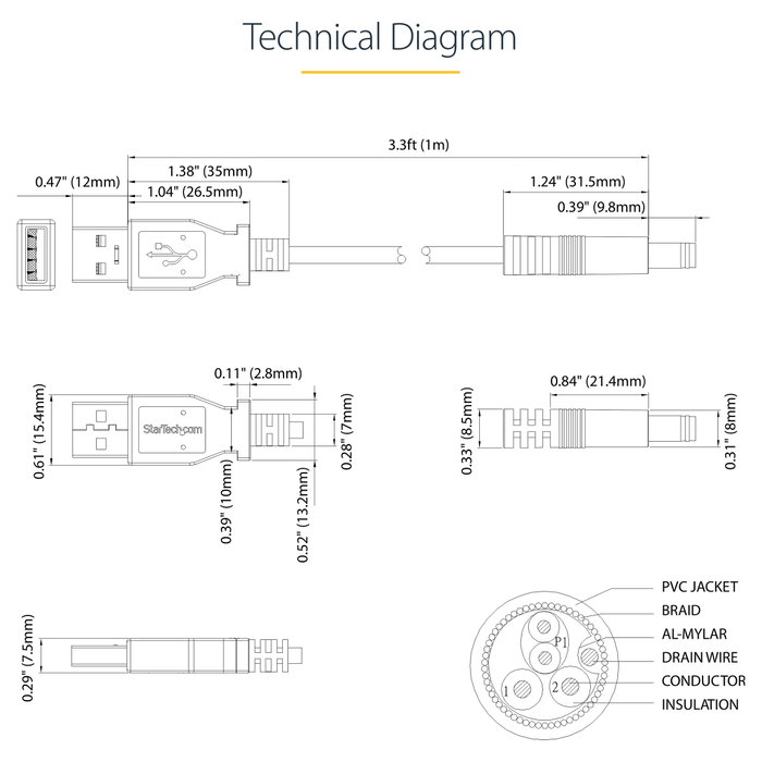 Startech Cable USB-A a Conector de Barril Tipo N de 1m Negro