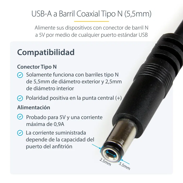 Startech Cable USB-A a Conector de Barril Tipo N de 1m Negro
