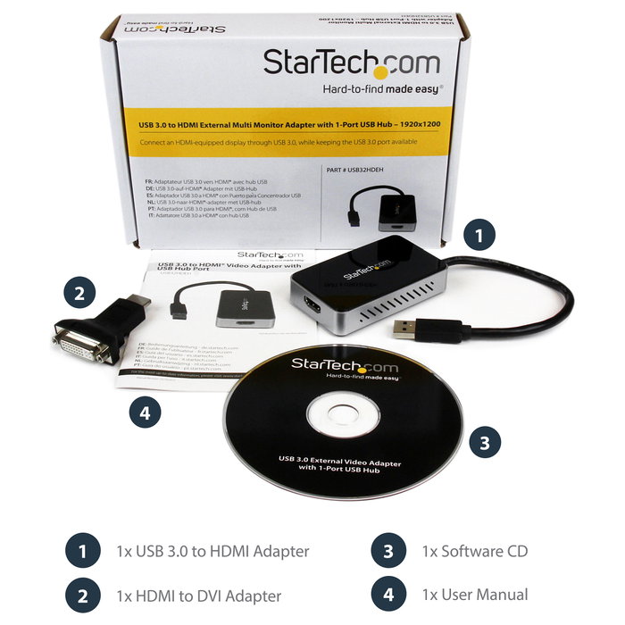 StarTech.com USB32HDEH Adaptador de vídeo USB 3.0 a HDMI con Hub USB Negro