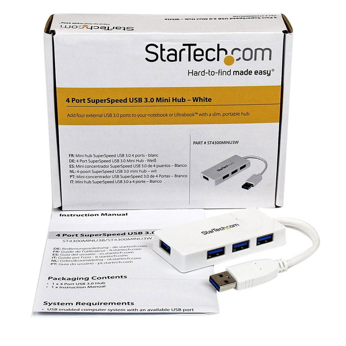 StarTech.com ST4300MINU3W Hub USB 3.0 de 4 Puertos USB-A, 5 Gbps, Plug and Play, Blanco StarTech.com ST4300MINU3W Hub USB 3.0 de 4 Puertos USB-A, 5 Gbps, Plug and Play, Blanco
