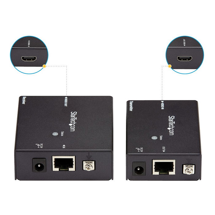 StarTech.com Extensor HDMI HDBaseT por Cable Cat5e/Cat6 - POC, 4K Ultra HD 4096x2160 a 70 m, Transmisor y Receptor, Incluye Adaptadores de Enchufe